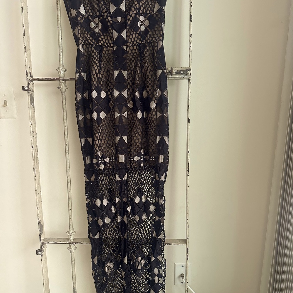 BCBG MaxAzria Navy and Tan underlay gown